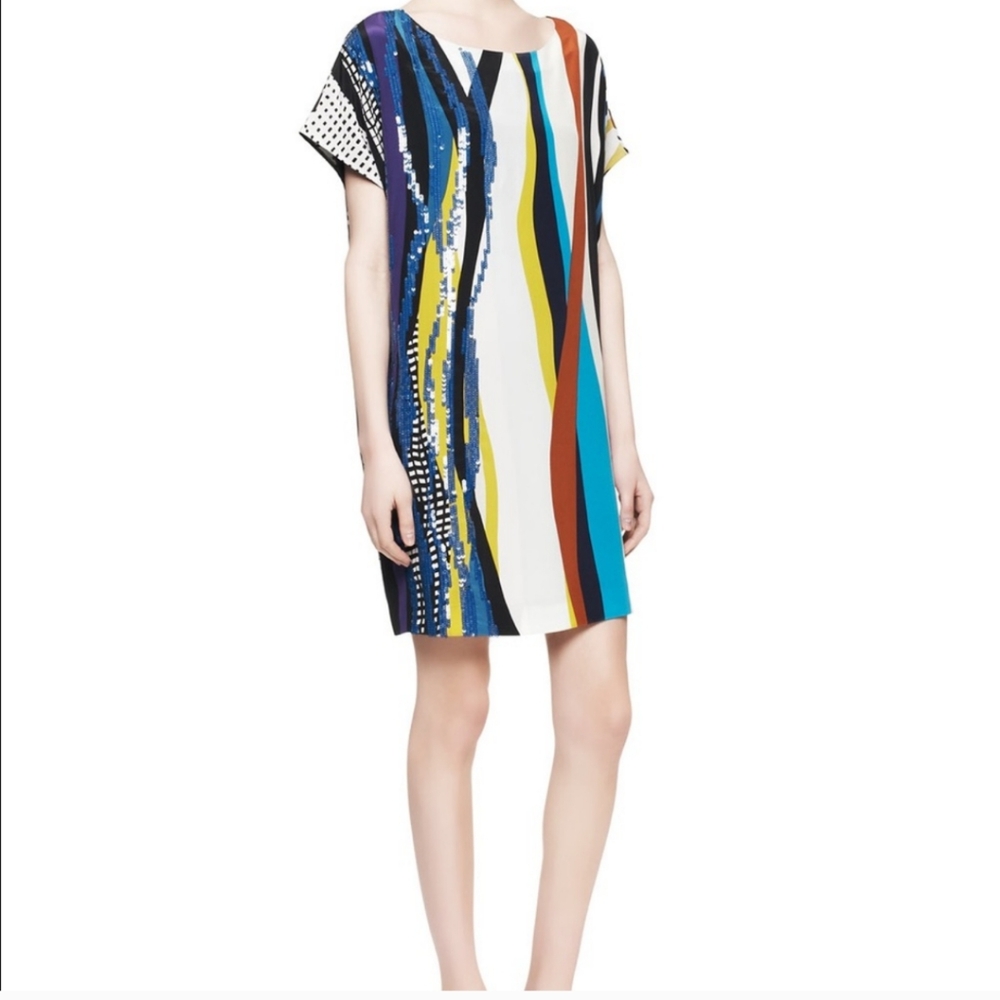 DVF Tania Multicolor Striped Sequin Silk Shift oversized Dress size small